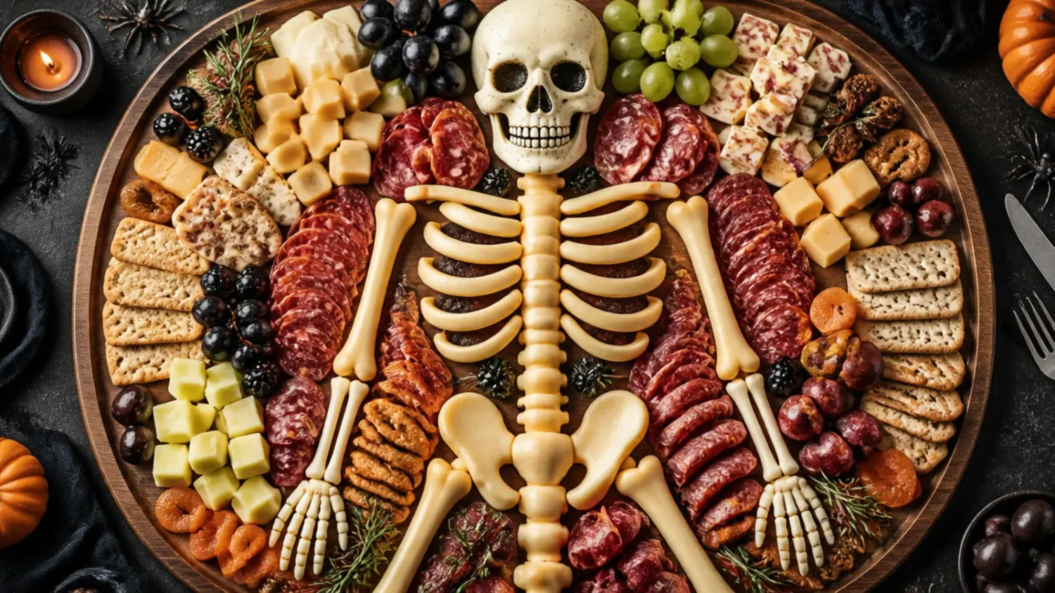 A full skeleton shaped from breadsticks, salami, cheese and grapes laid out on a black paper-lined board for Halloween