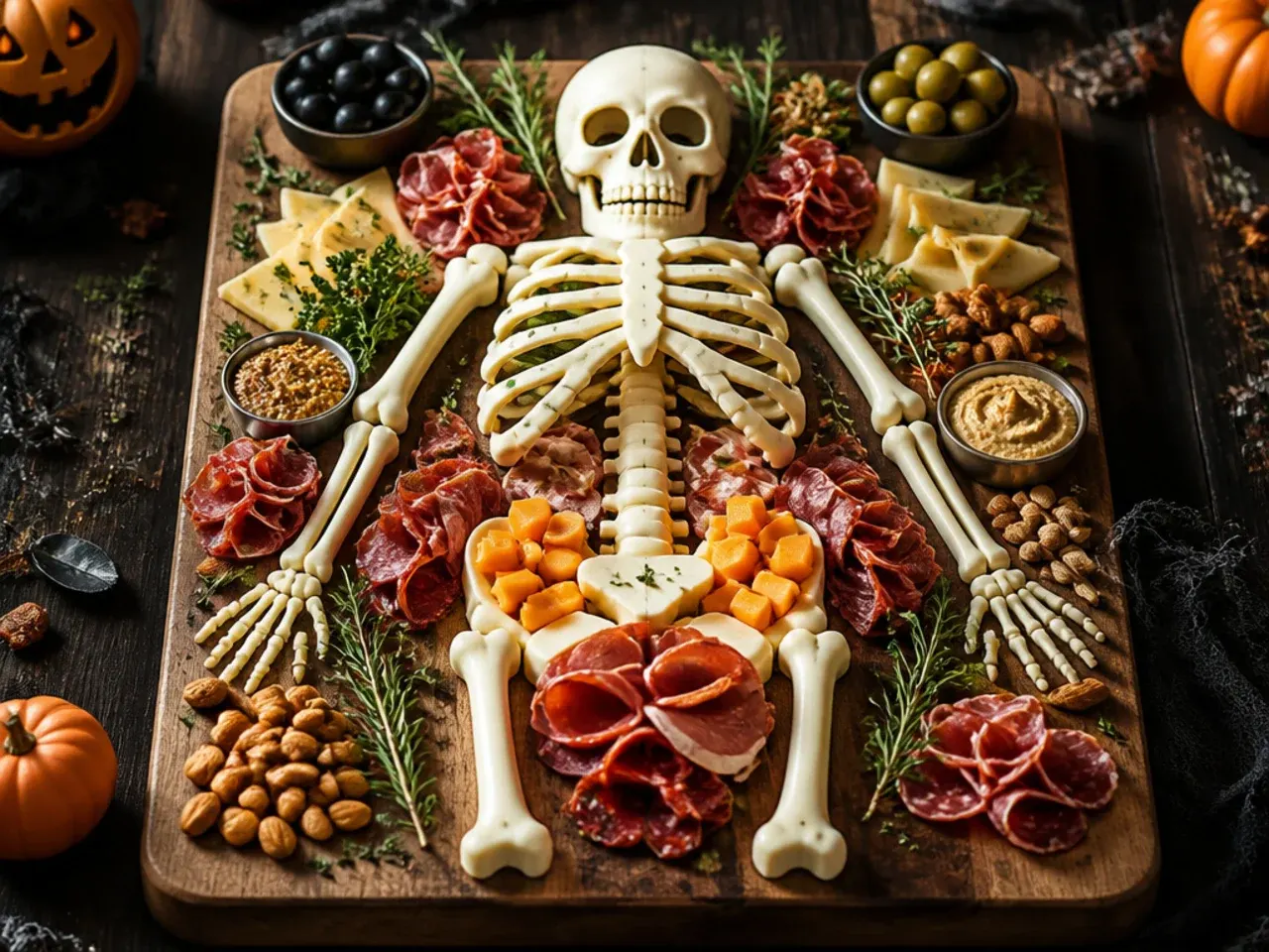 Close-up of a cheese skull with olive eye sockets at the top of a skeleton charcuterie board