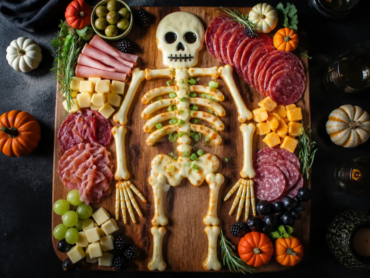 A classic Halloween charcuterie board with pumpkin-shaped cheese cutouts and a spiderweb dip