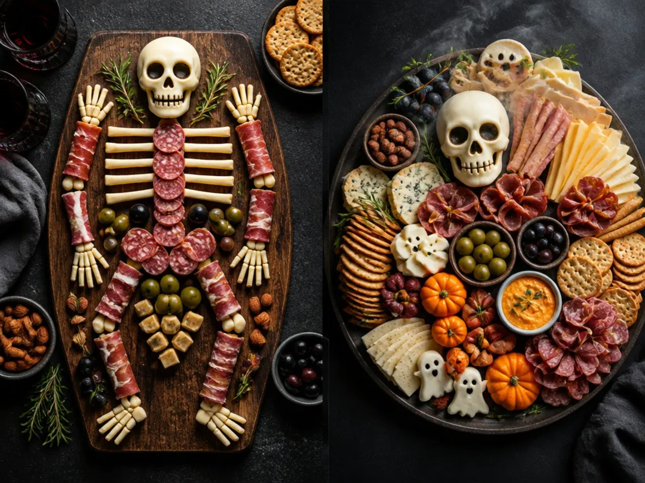 Ingredients for both a skeleton and a classic Halloween charcuterie board laid out for cost comparison
