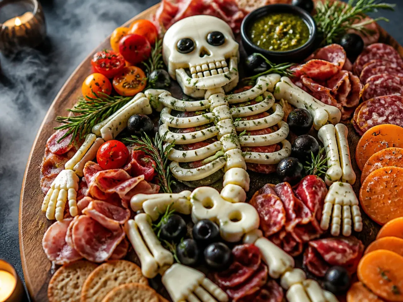 Side-by-side plated bites from a skeleton board and a classic Halloween board showing texture differences