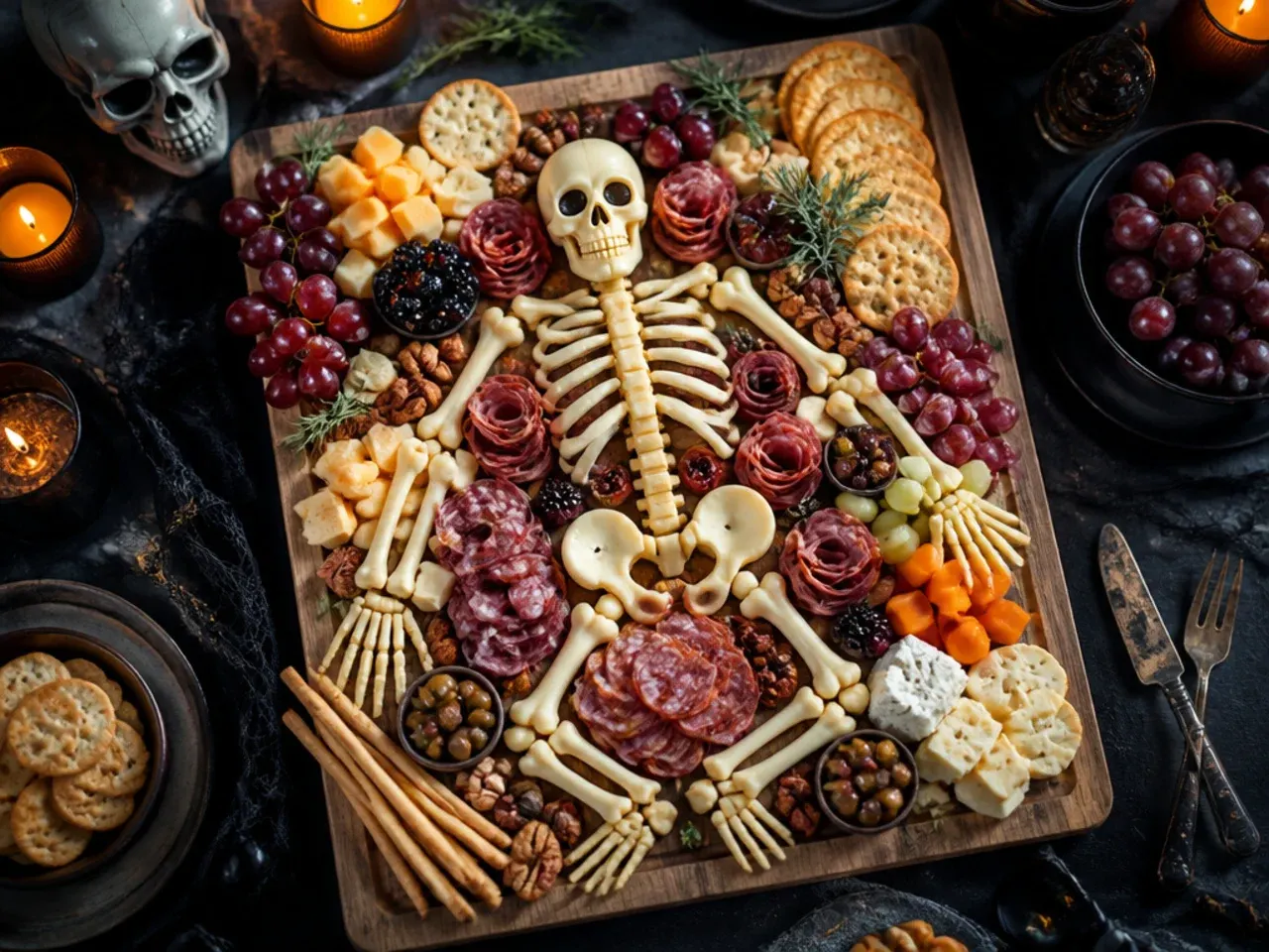 Hands arranging breadstick ribs on a Halloween skeleton charcuterie board