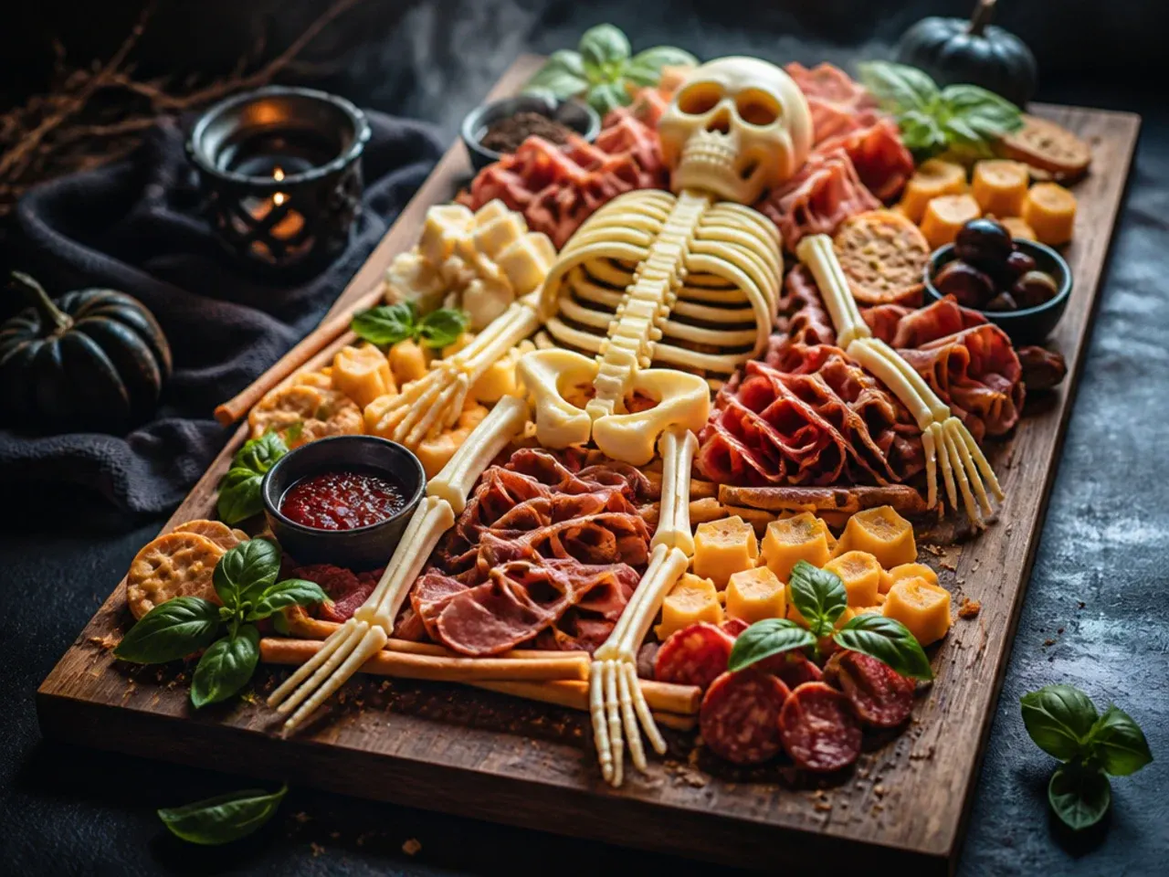 A finished skeleton charcuterie board set on a party table surrounded by Halloween decorations