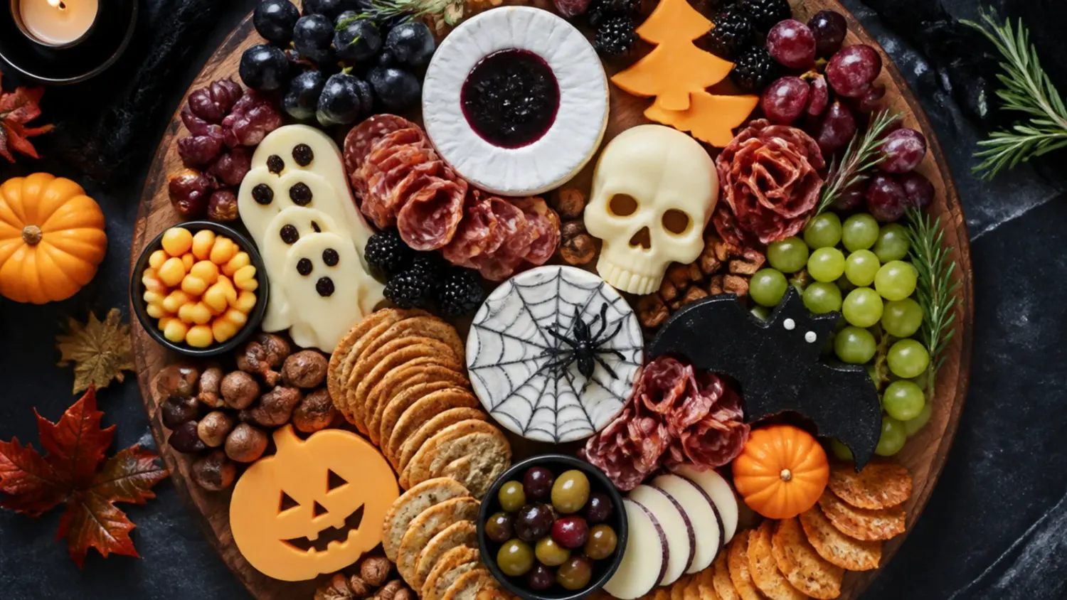 A wooden board styled as a halloween charcuterie board with orange and black cured meats, cheeses, spider web dip and pumpkin garnishes