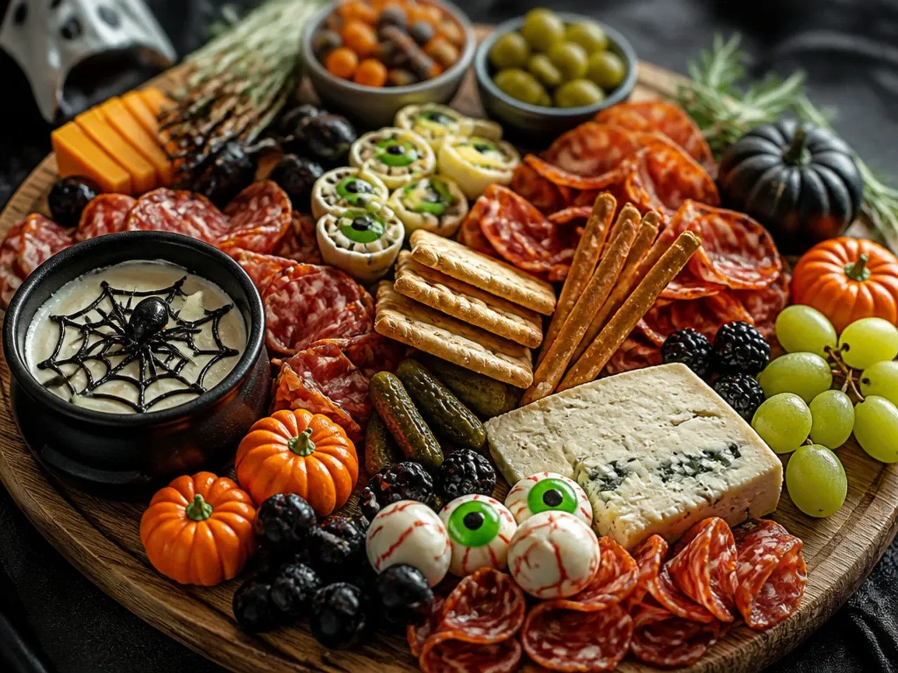 Overhead view of a halloween charcuterie board with orange cheddar, black grapes and spider web crackers