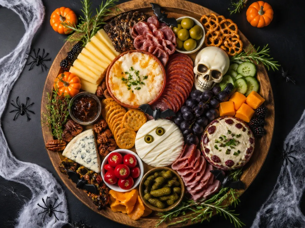Classic orange and black halloween charcuterie board with cheddar, salami and dark grapes