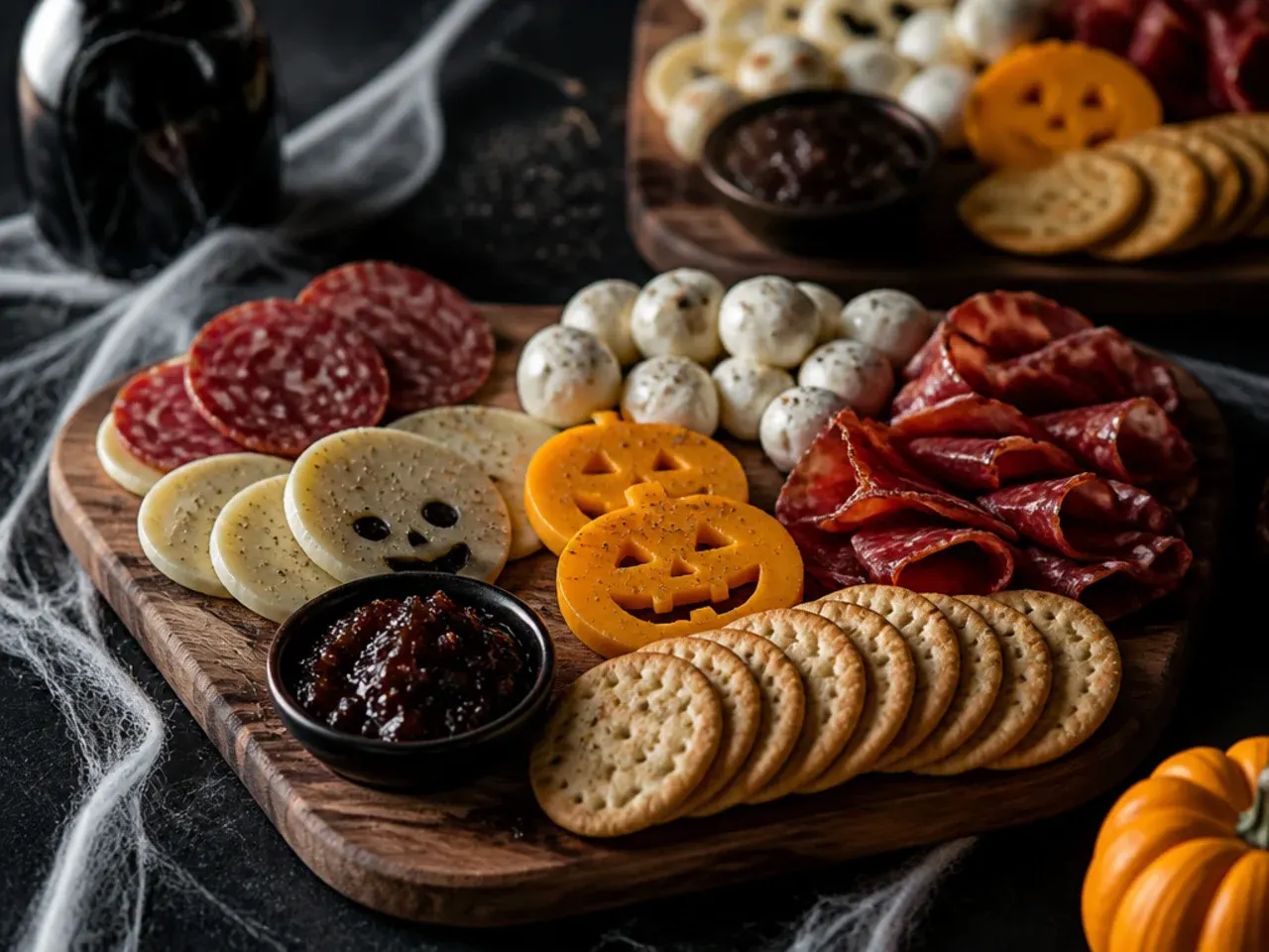 Minimalist five-ingredient halloween charcuterie board with salami, Red Leicester and olives
