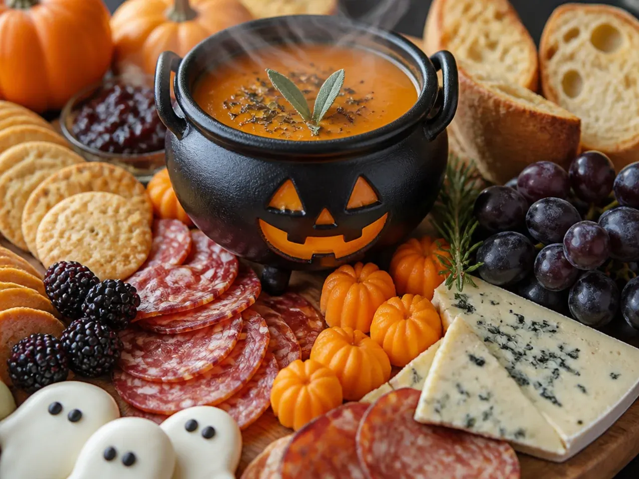 Cozy autumn halloween charcuterie board with baked brie, roasted pumpkin and spiced pecans