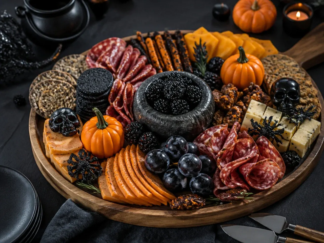 Halloween charcuterie board split into orange and black colour halves