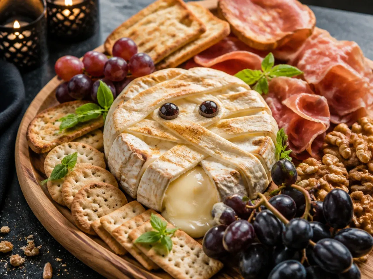 Puff pastry mummy-wrapped brie with olive eyes on a halloween charcuterie board