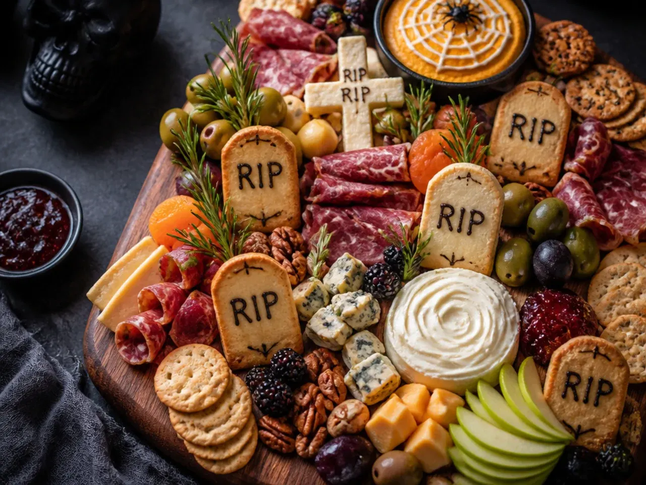 Graveyard-themed corner of a halloween charcuterie board with cookie dirt and cracker tombstones