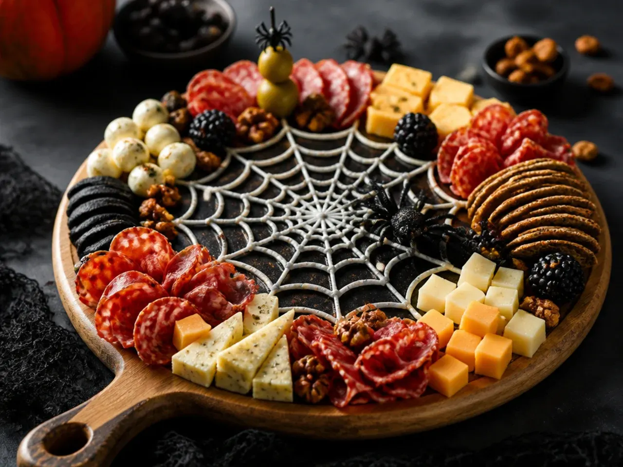 Spider web pattern drawn in balsamic glaze on cream cheese on a halloween board