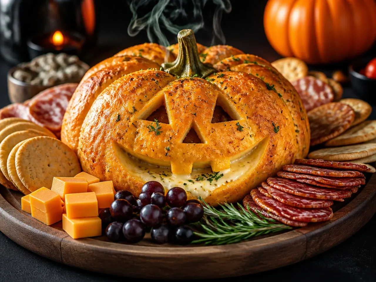 Cheese wheel carved with a jack-o'-lantern face on a halloween charcuterie board