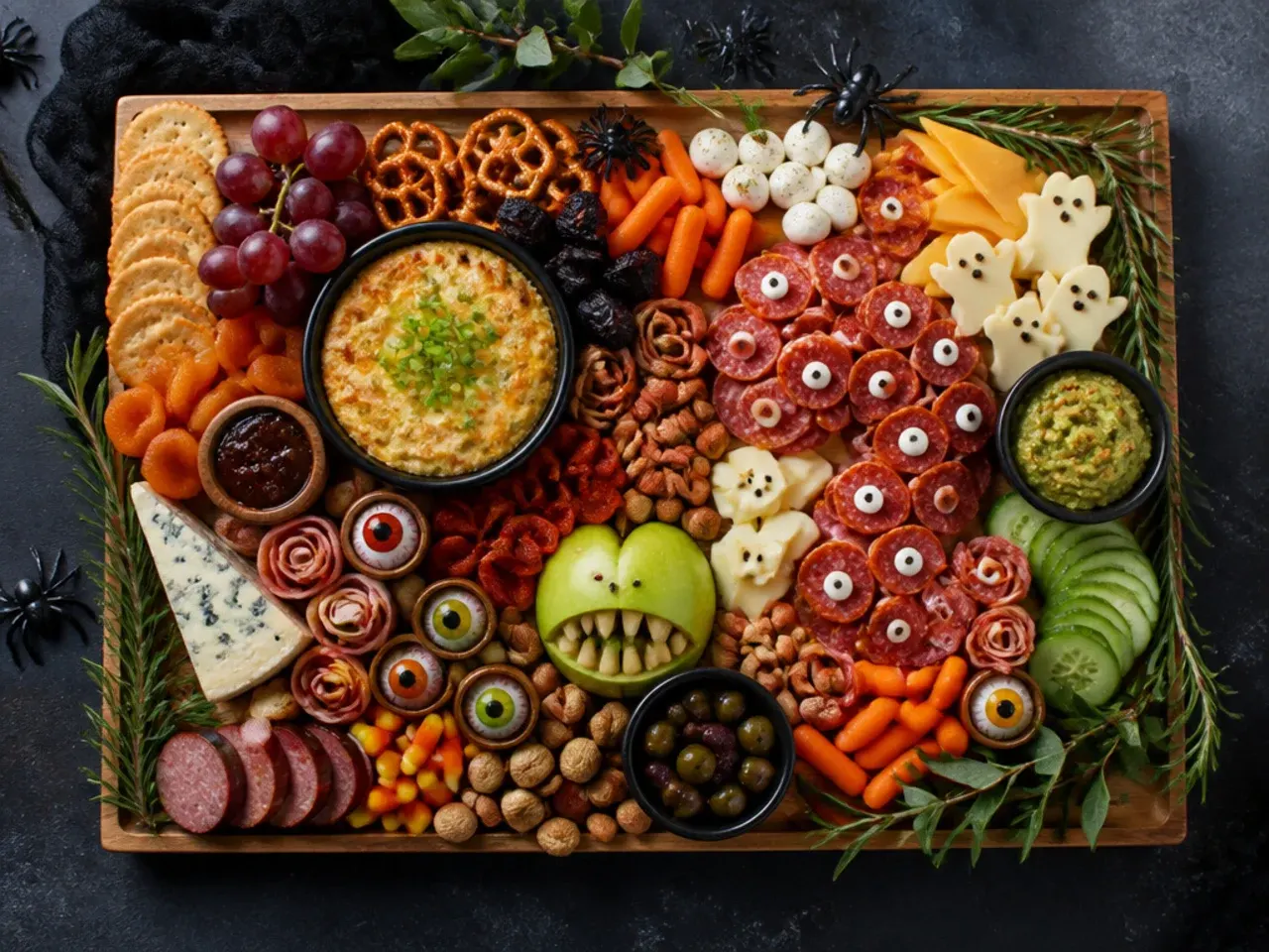 Budget-friendly halloween charcuterie board with cheddar, salami and clementine segments