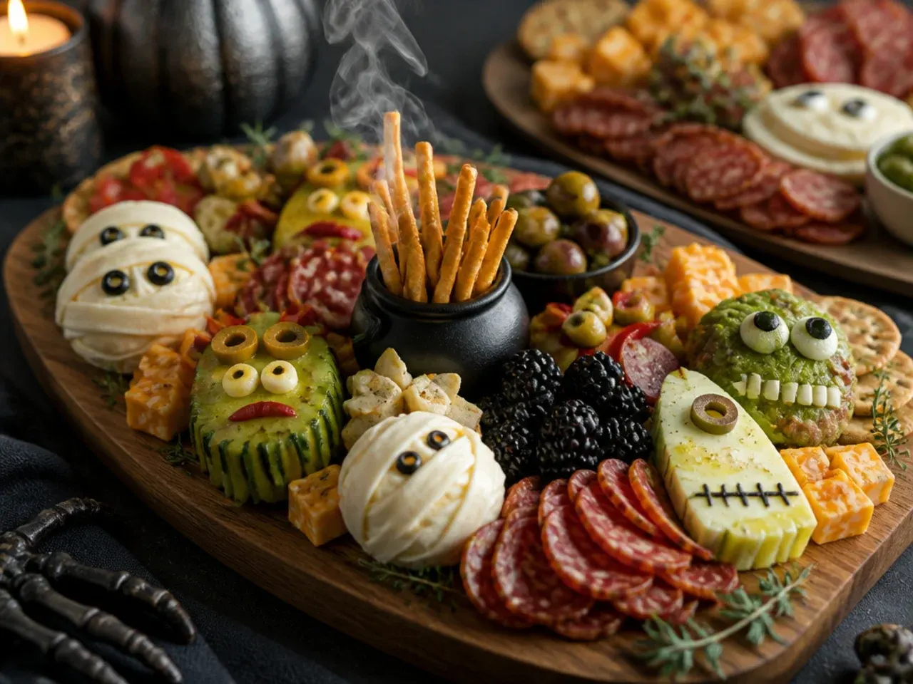 Large crowd-pleasing halloween charcuterie board set out for a party with varied cheeses and meats