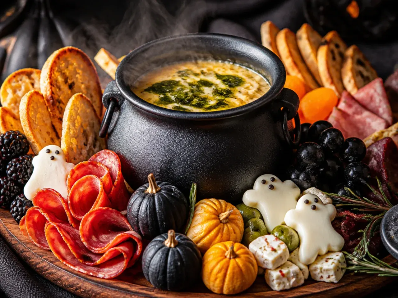 Halloween charcuterie board with a small black cauldron bowl of dip in the centre