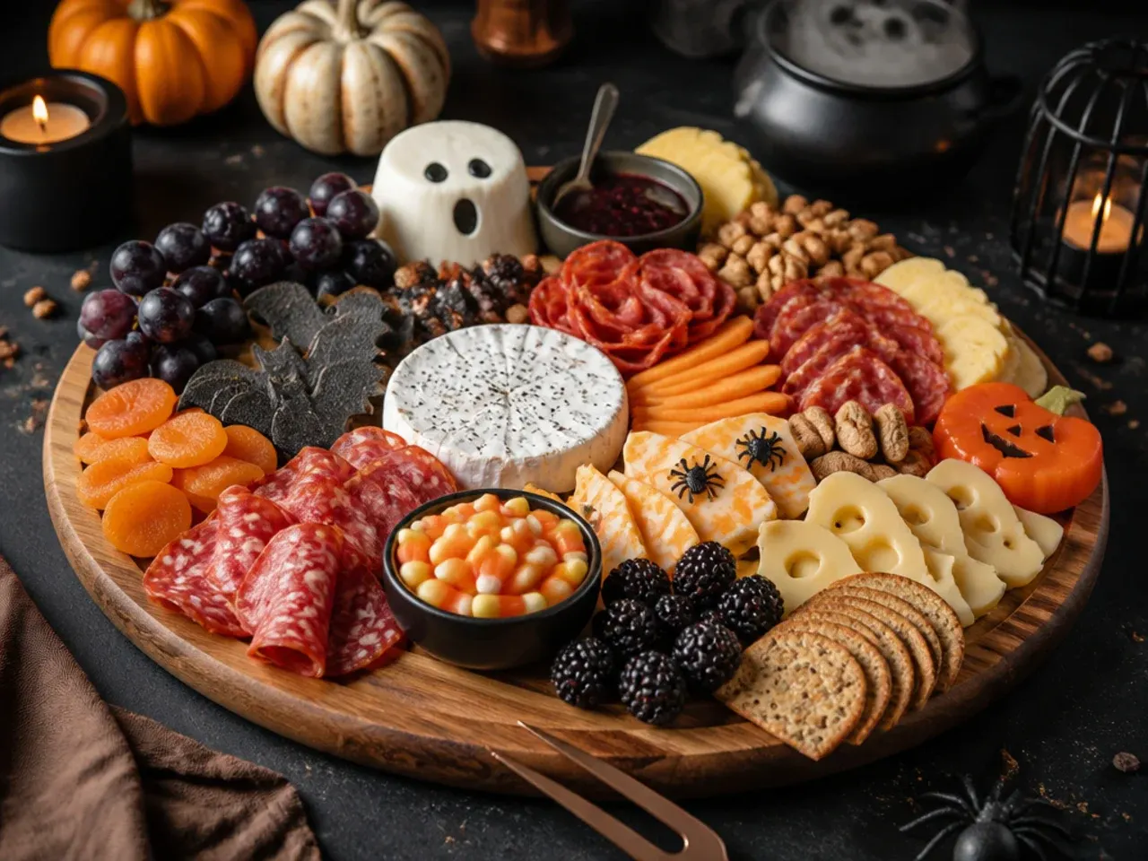 Family-friendly halloween charcuterie board with mild cheese and bat-shaped cheese cutouts