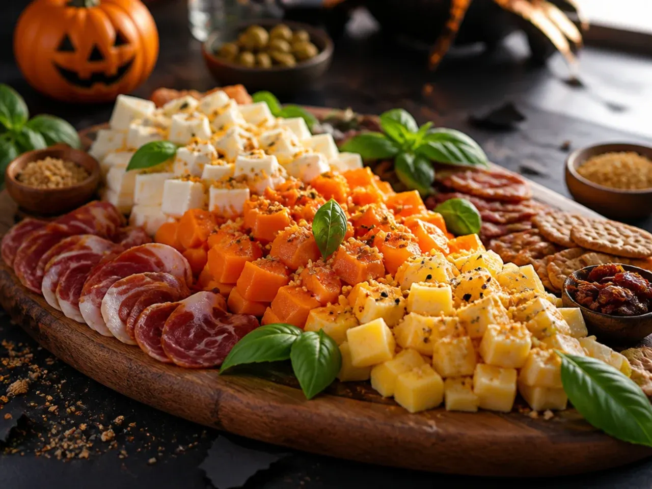 Candy corn striped cheese arrangement on the edge of a halloween charcuterie board