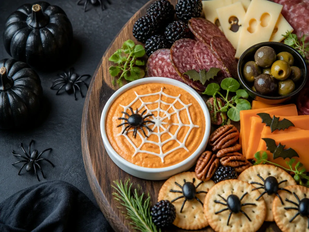 Quick halloween charcuterie board assembled with pre-sliced meat and cheese