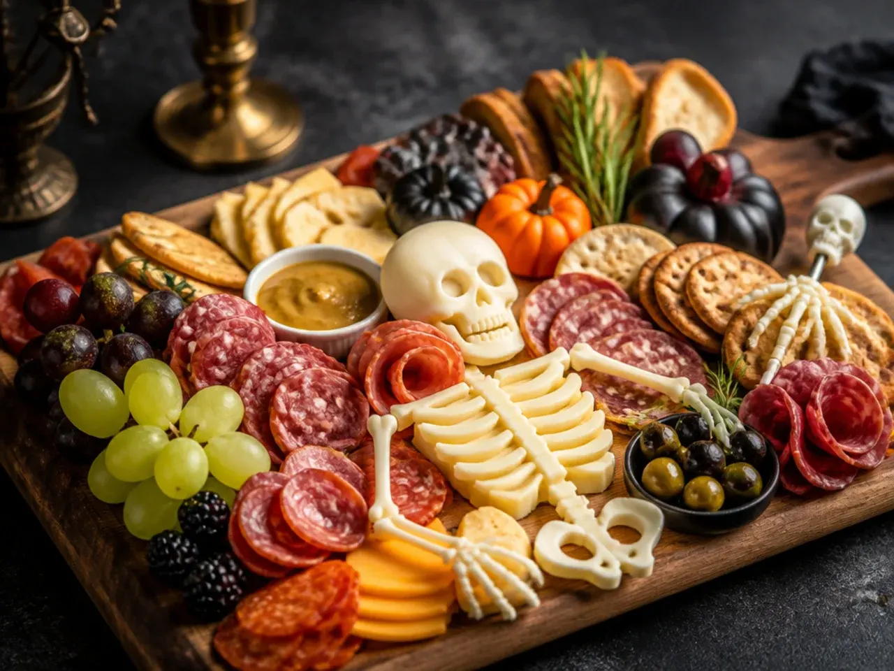 Homemade beetroot hummus and roasted pumpkin seeds on a halloween charcuterie board