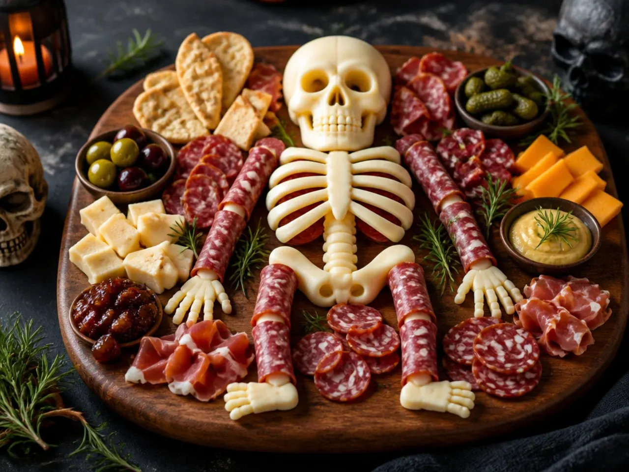 Breadstick skeleton shape laid out on a halloween charcuterie board