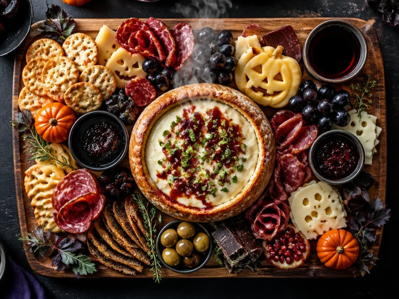 Dark red vampire-themed halloween charcuterie board with blood orange and beetroot hummus
