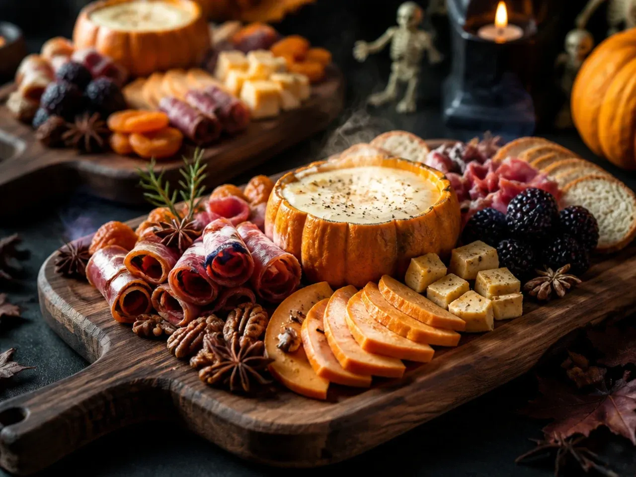 Cozy pumpkin spice halloween charcuterie board with spiced pecans and pumpkin butter