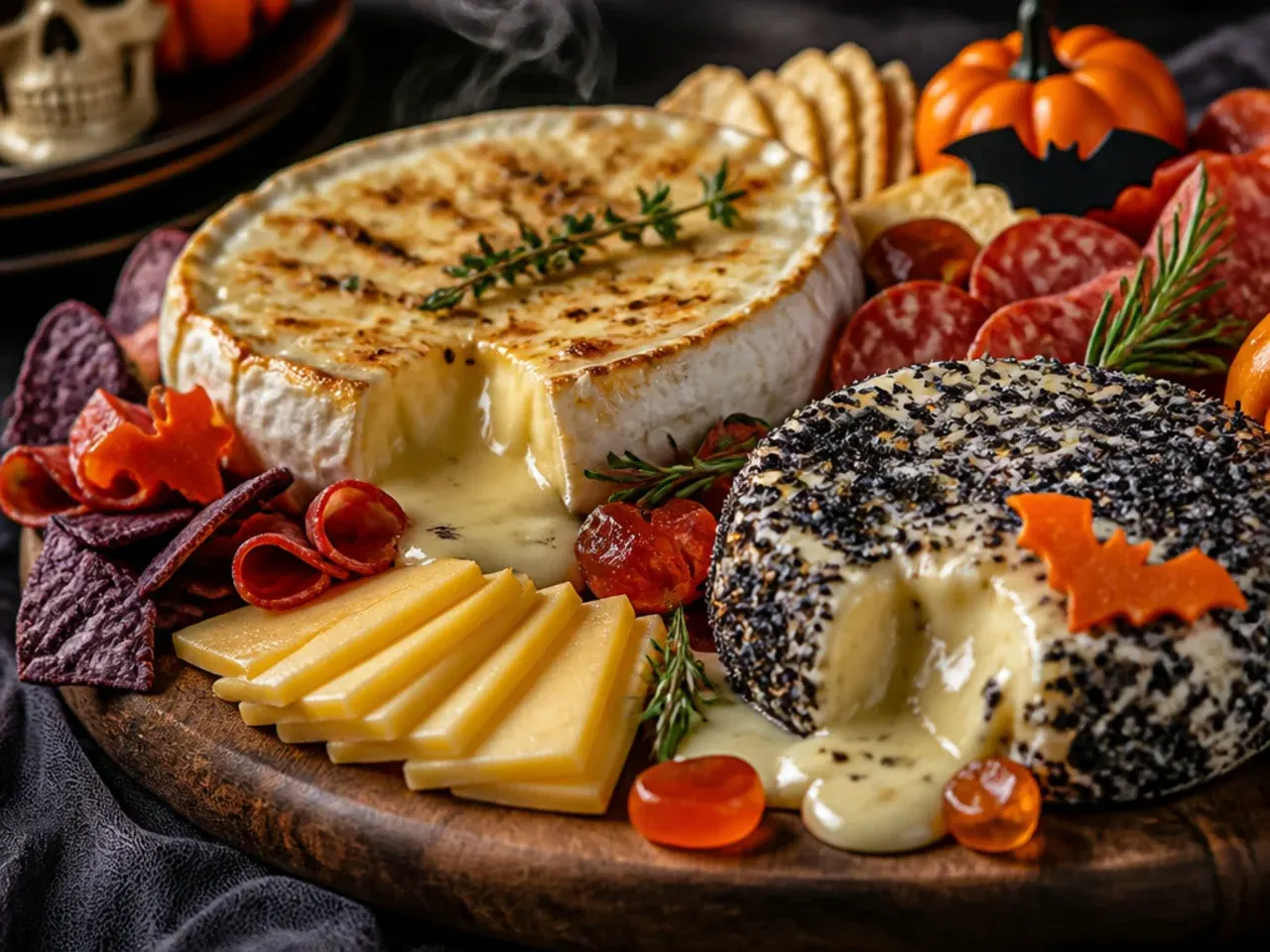 Simple two-cheese halloween charcuterie board with cheddar and brie