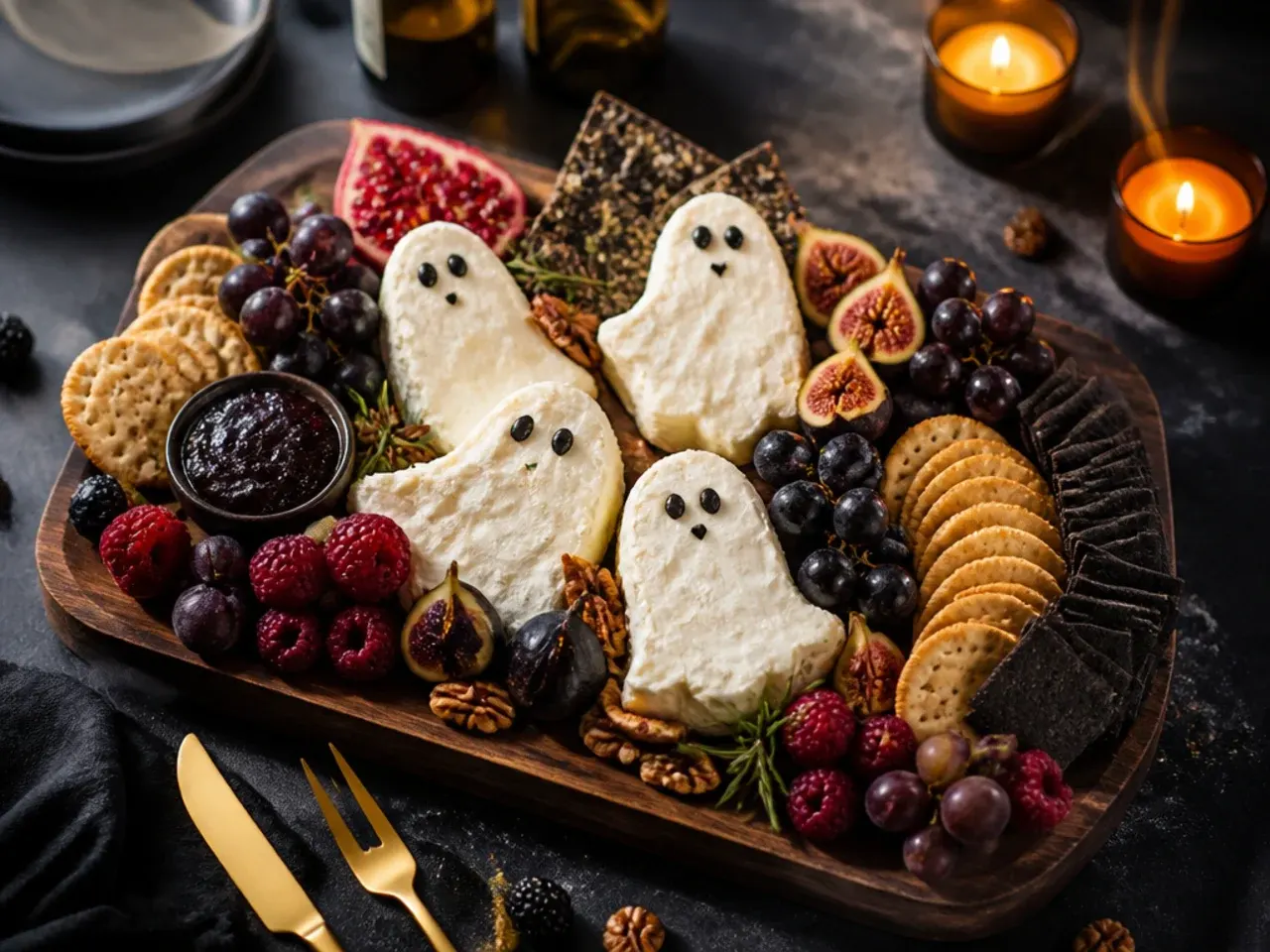 Small goat cheese ghost balls with peppercorn eyes on a halloween charcuterie board