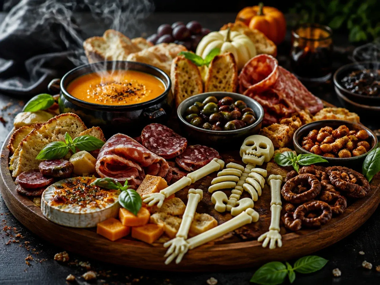 Halloween charcuterie board loaded with both savoury snacks and Halloween sweets