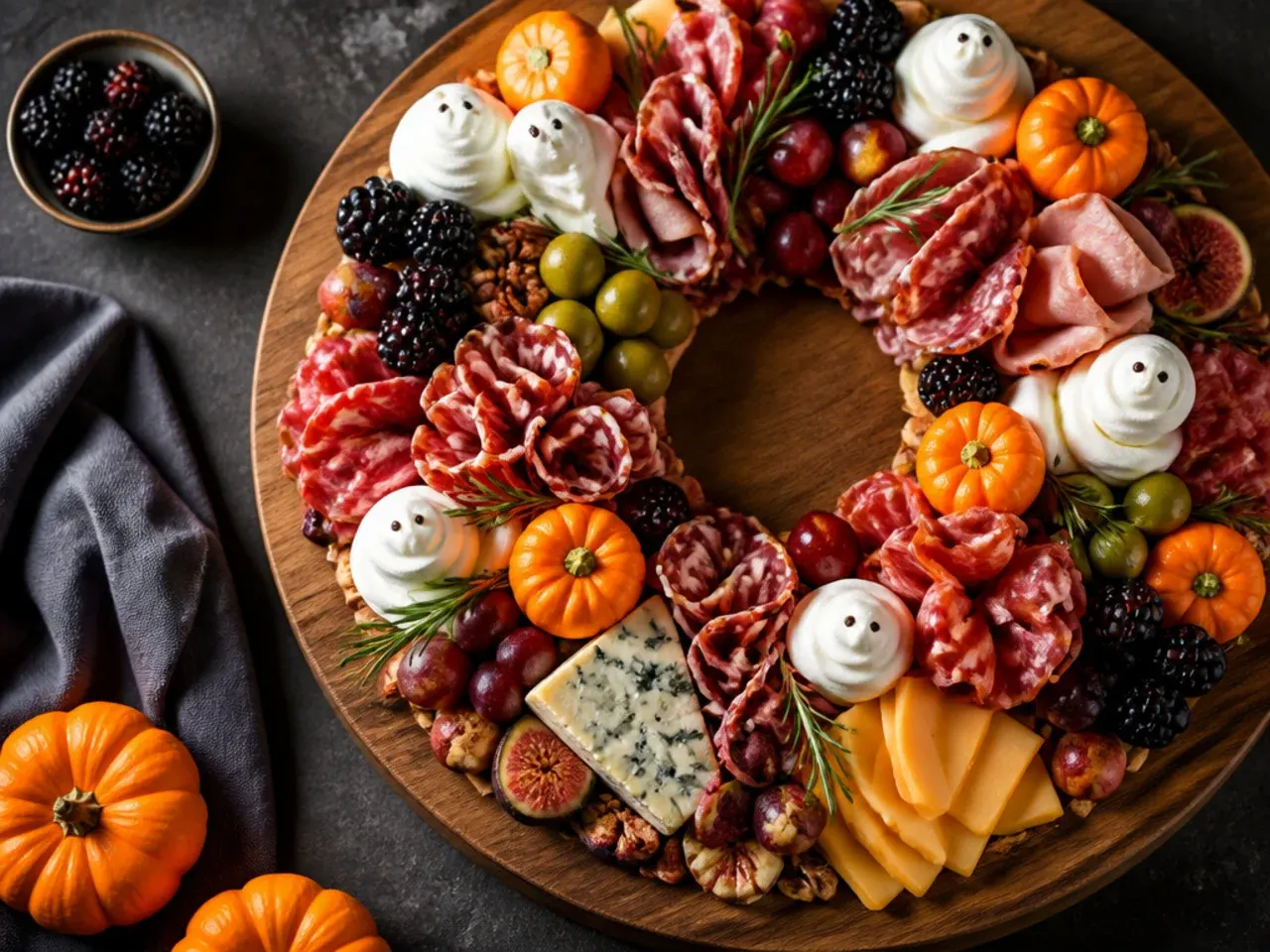 Wreath-shaped halloween charcuterie board arranged in a ring around a central dip