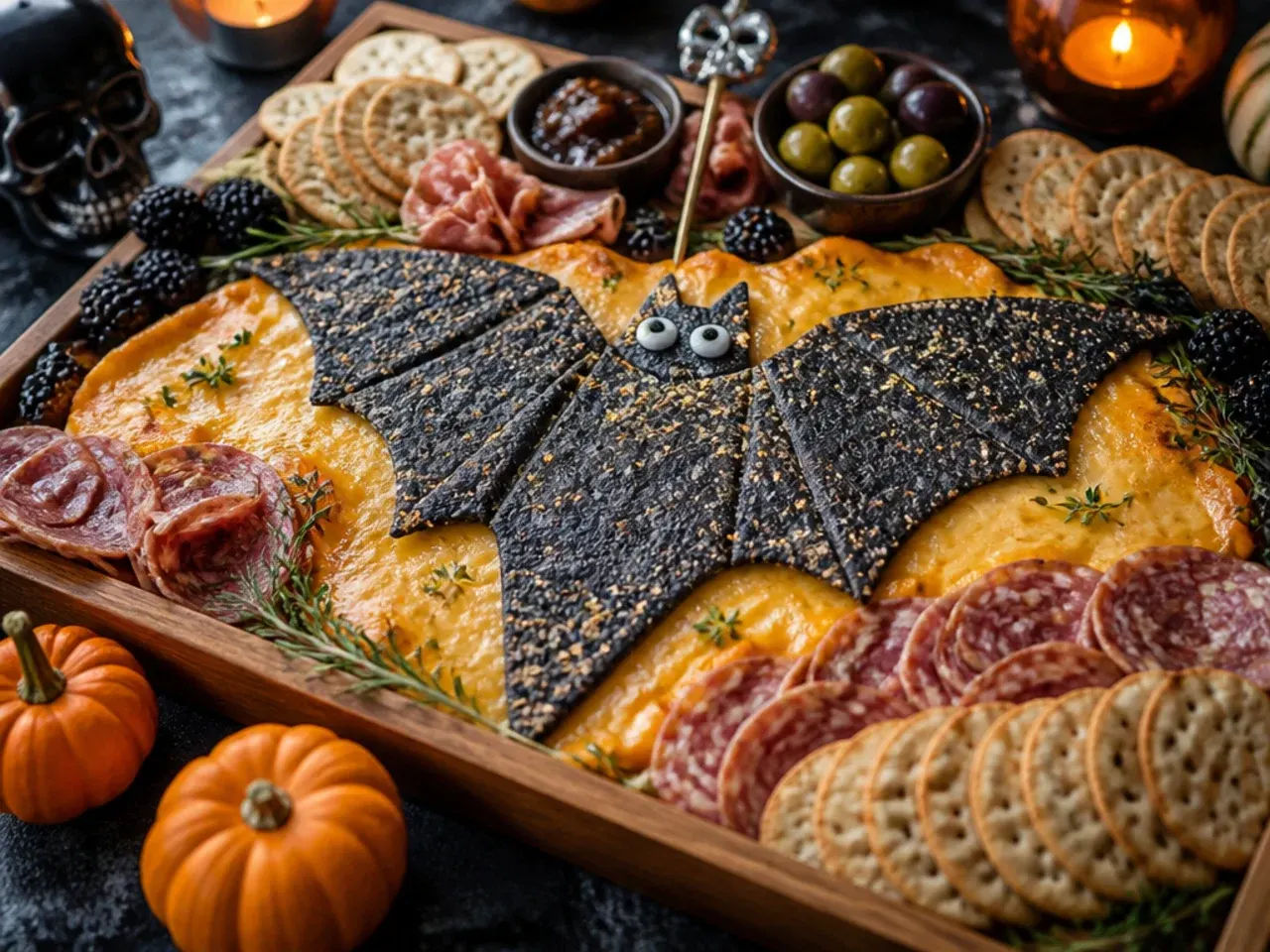 Bat-shaped crackers standing up in soft cheese on a halloween charcuterie board
