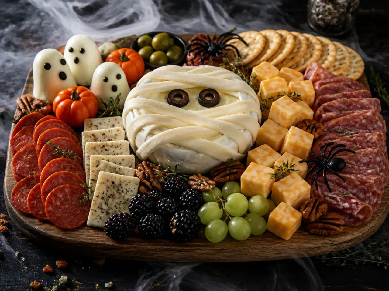 Halloween charcuterie board decorated with dollar-store plastic spiders and fake cobweb props