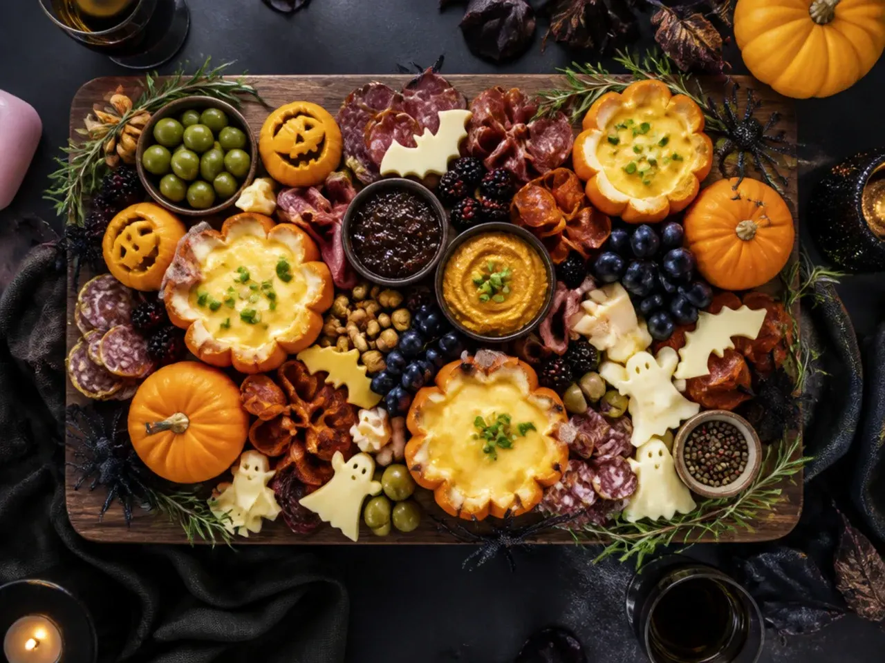 Halloween grazing table runner set directly on parchment paper down the centre of a table