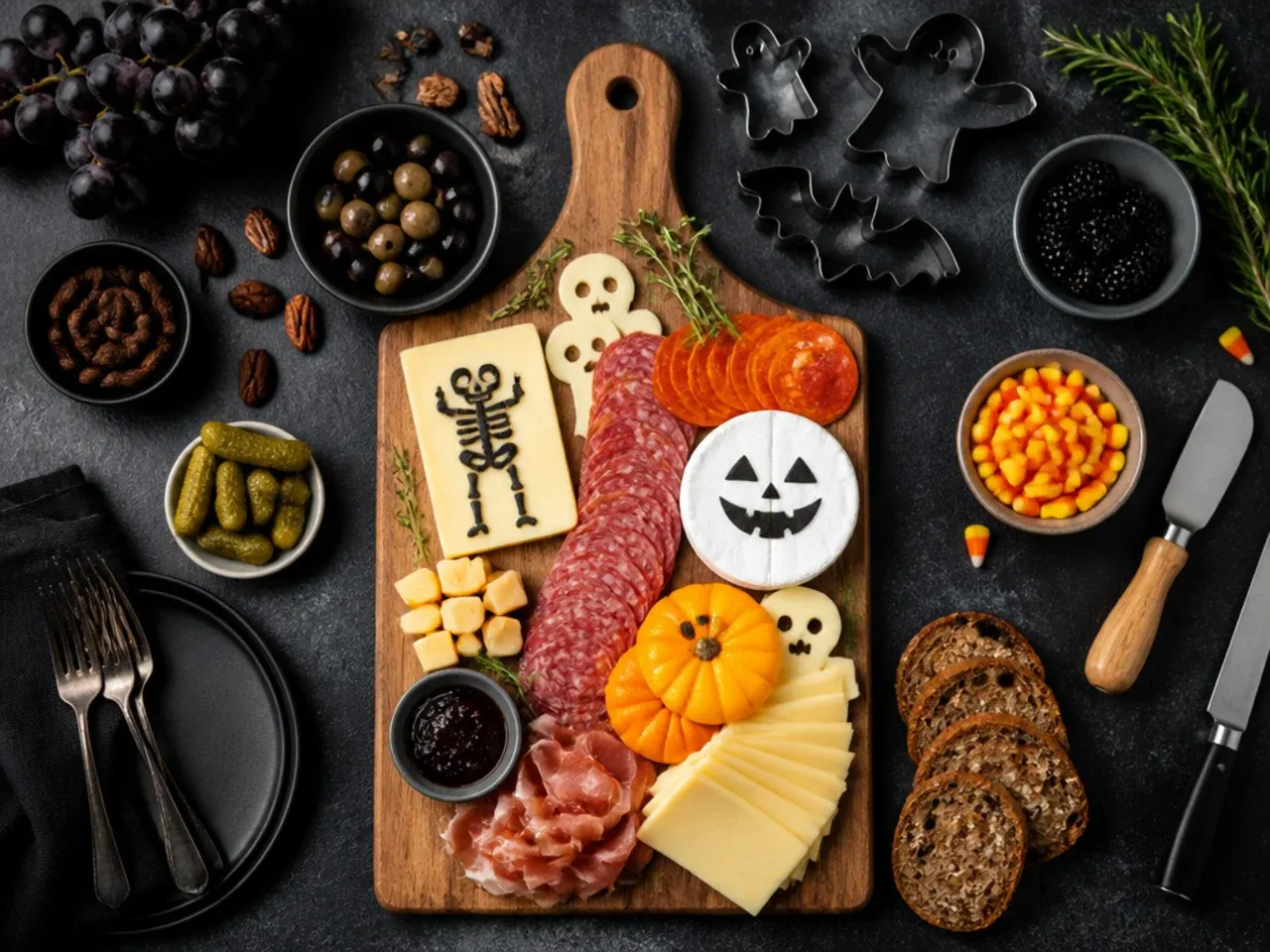 Close-up of hands arranging cheese and meat in layers on a halloween charcuterie board