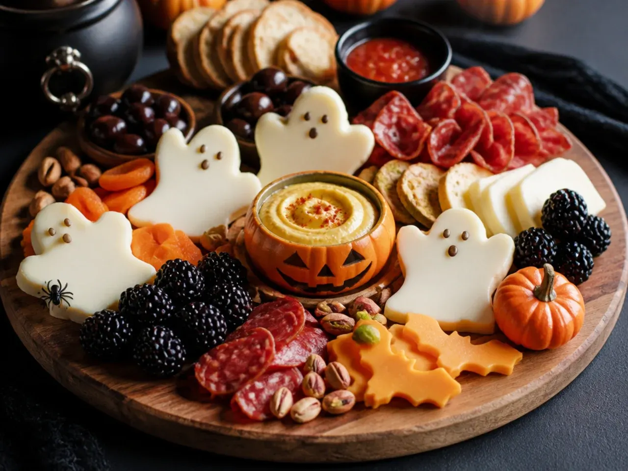 Halloween charcuterie board served on a table with small plates, knives and mulled cider