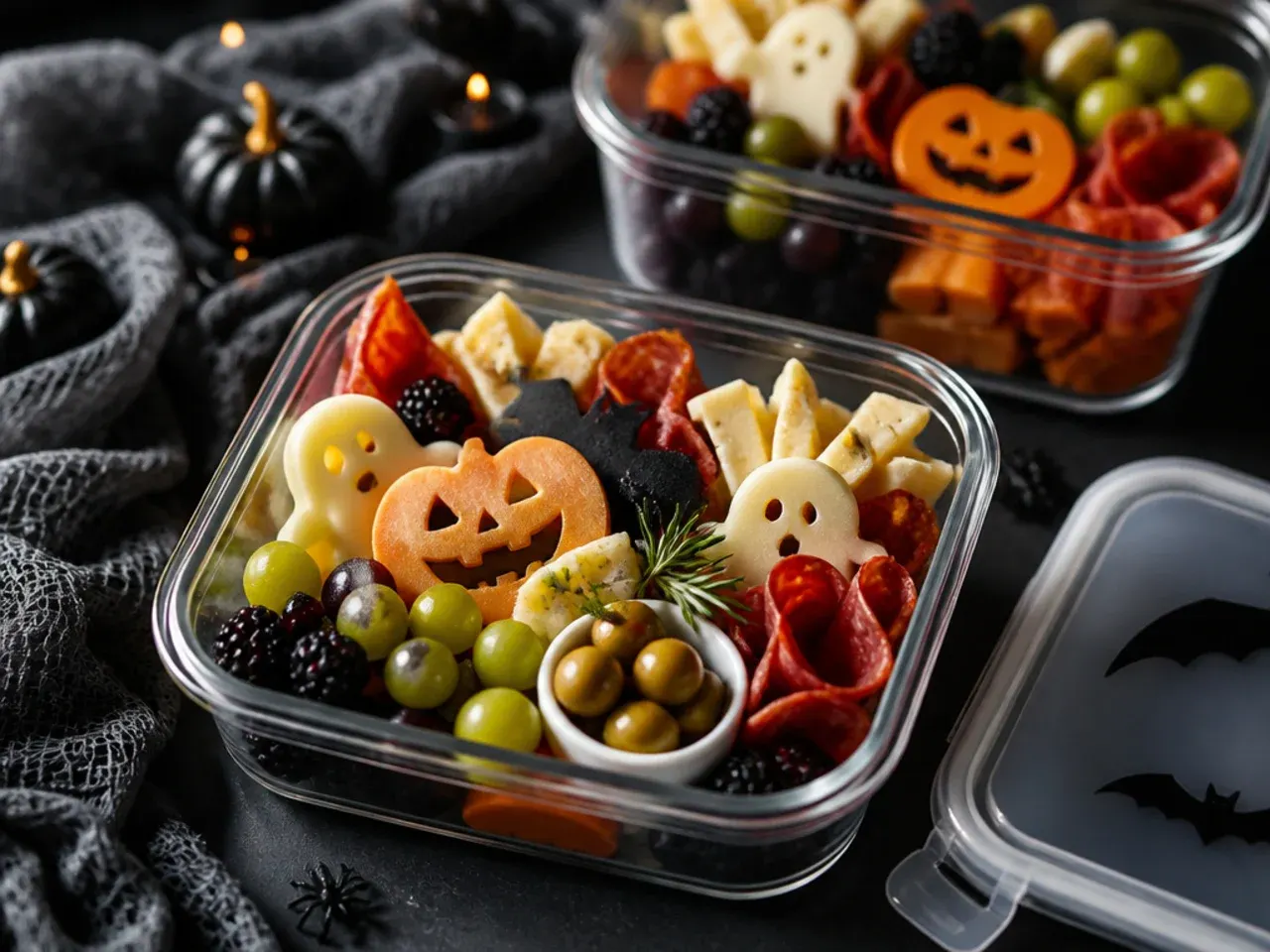 Leftover halloween charcuterie board ingredients being stored in airtight containers