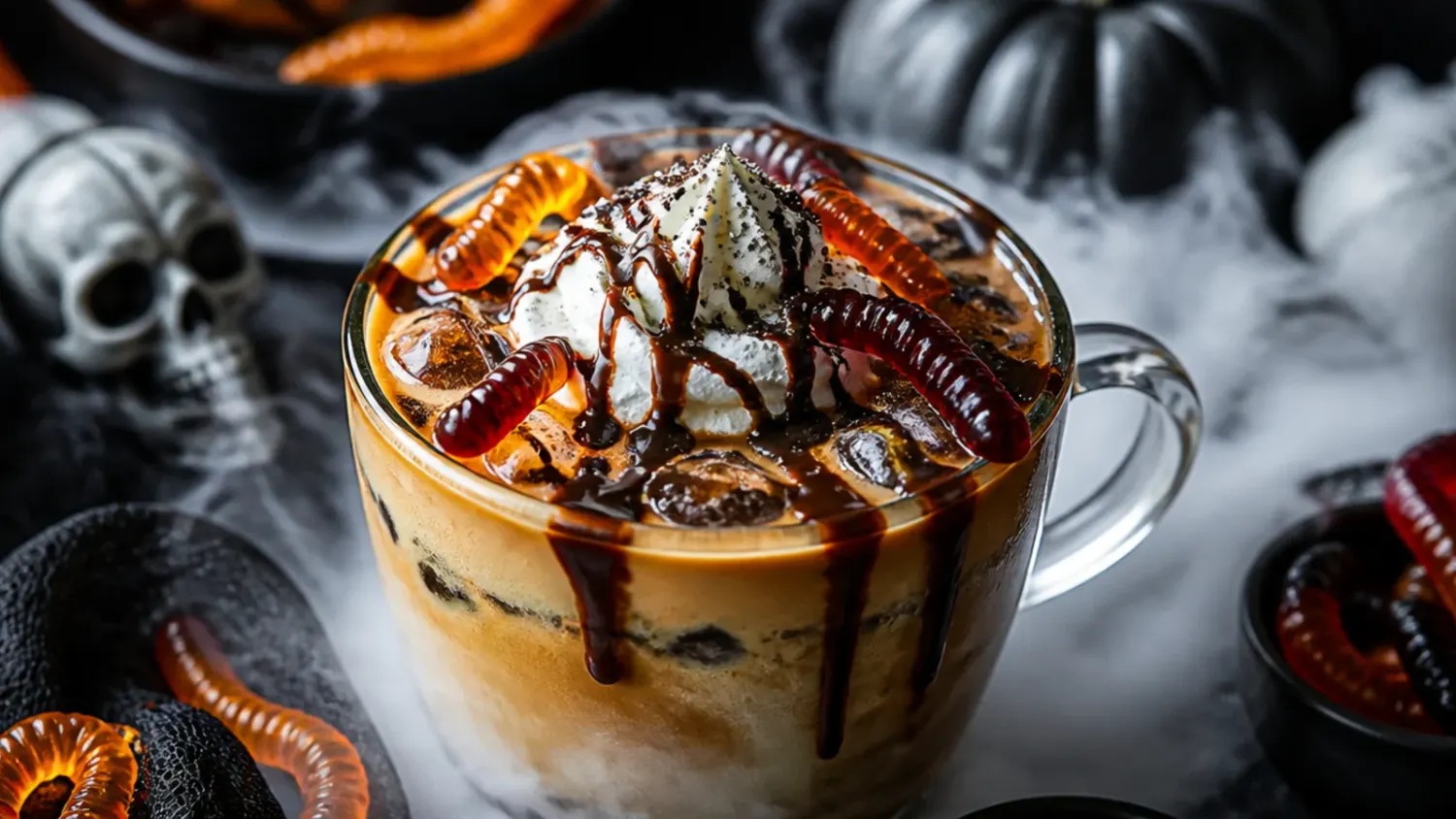 A lineup of festive halloween coffee drinks in glass mugs, topped with whipped cream, cinnamon and orange sprinkles on a dark wooden table