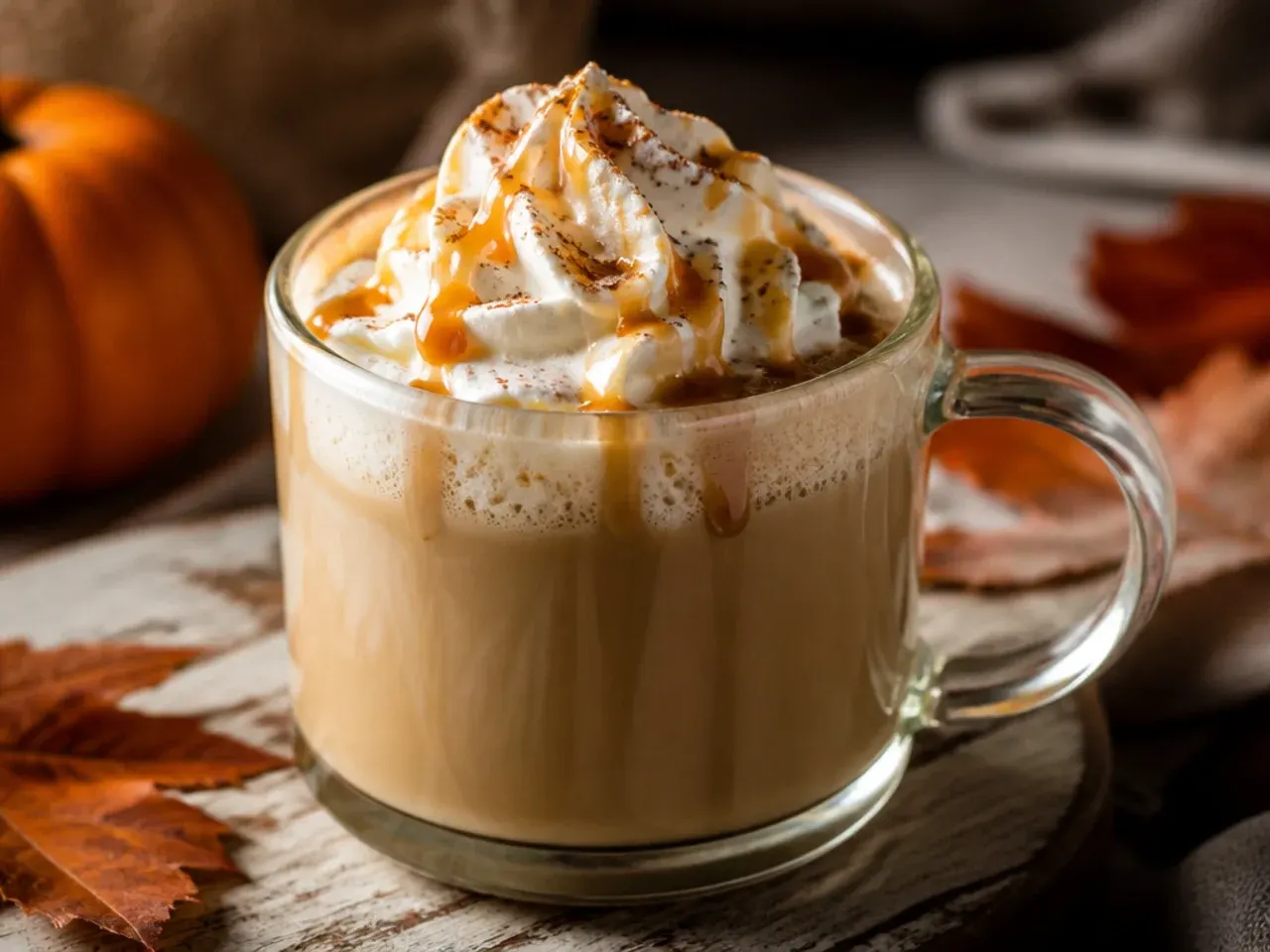 Overhead shot of several halloween coffee drinks arranged on a table with pumpkins and autumn leaves