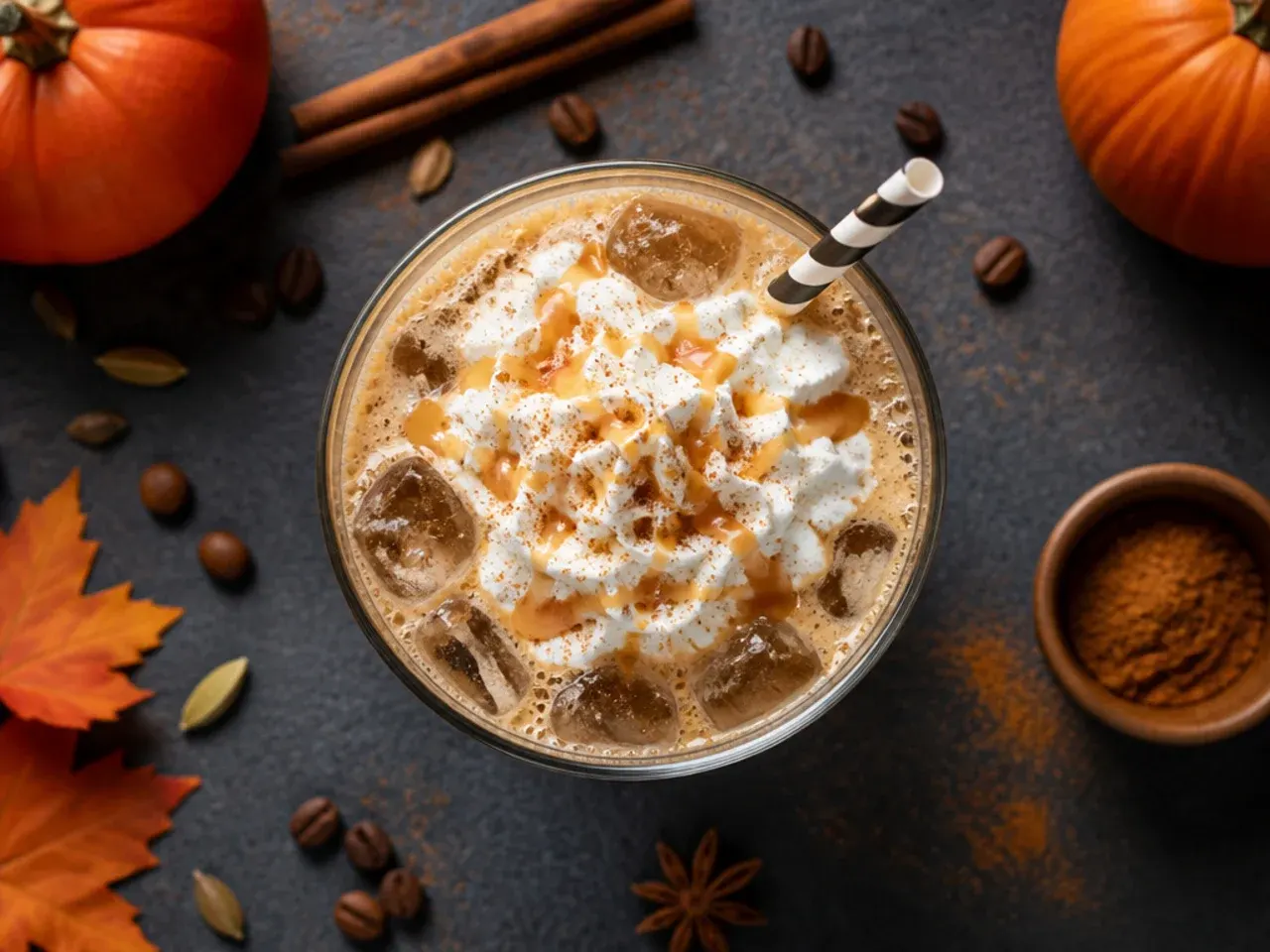 Tall glass of iced pumpkin spice cold brew coffee with visible layers and a cinnamon dusting on top