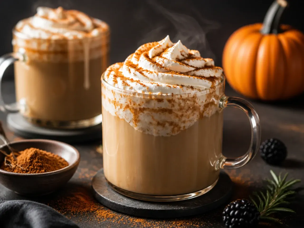 Classic pumpkin spice latte in a clear glass mug topped with whipped cream and orange spice dust