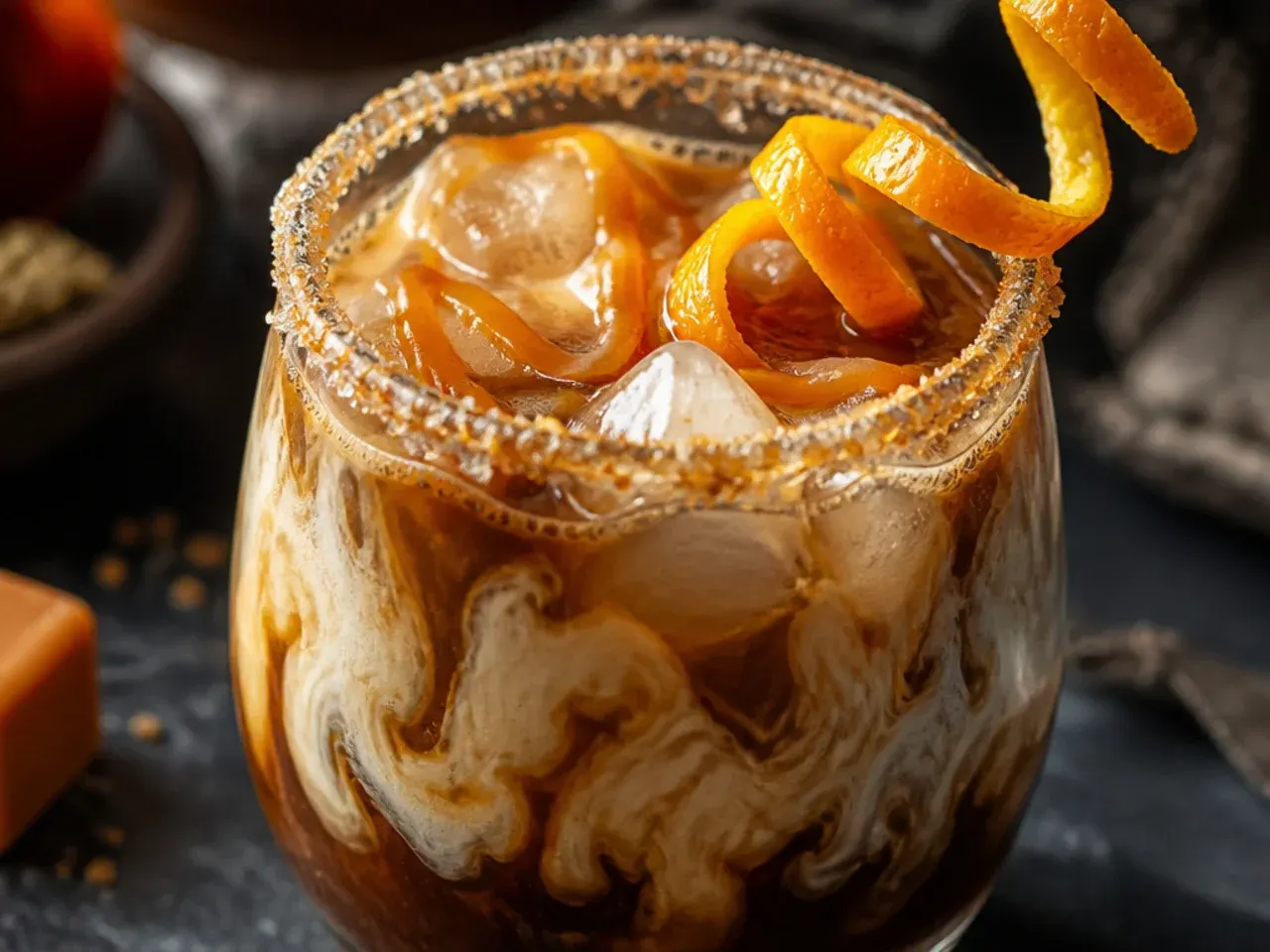 Salted caramel witch's brew coffee drink with dark caramel drizzle and green-tinted whipped cream