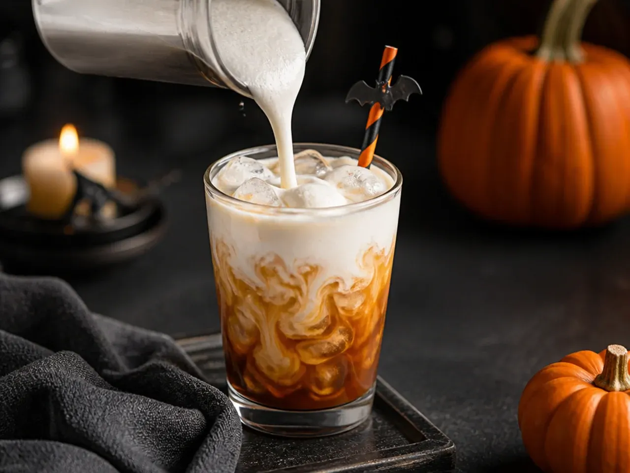 Iced coffee topped with a thick layer of pale cream cheese cold foam, served in a tall glass