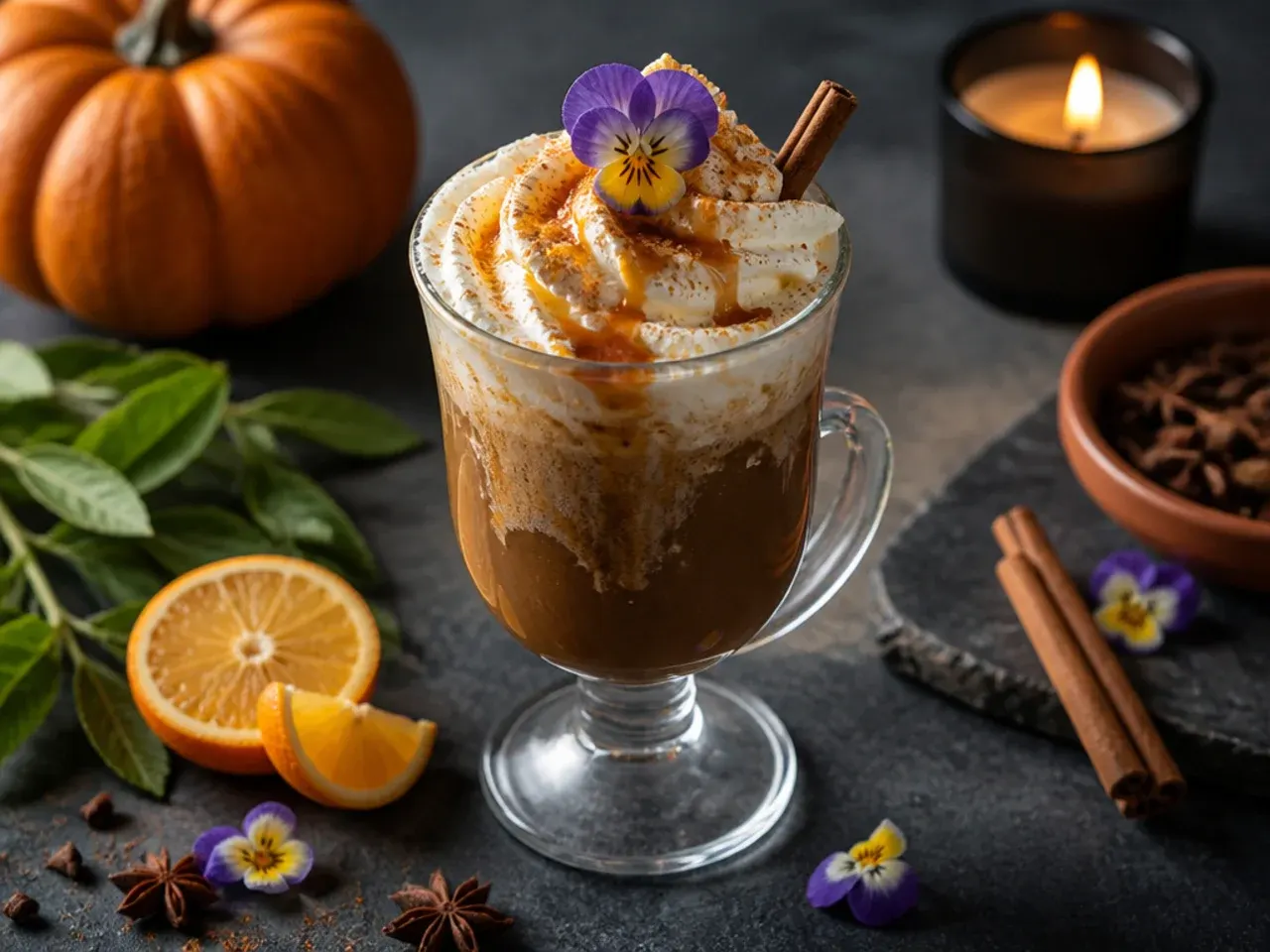 Mug of spiced coffee with a cinnamon stick and orange peel garnish, steam rising in a cozy kitchen setting