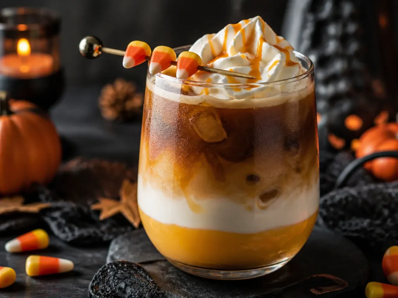 Layered candy corn latte with distinct white, orange and dark espresso stripes in a clear glass