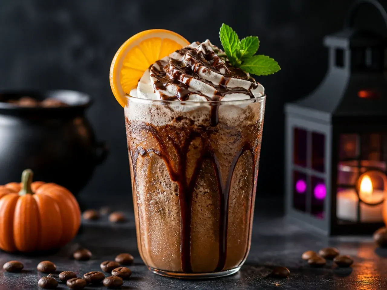 Frozen mocha frappe in a tall glass with whipped cream, chocolate drizzle and candy eyeball decorations