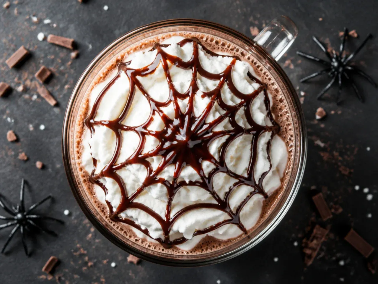 Mocha coffee topped with whipped cream and a white chocolate spiderweb design drawn with a cocktail stick
