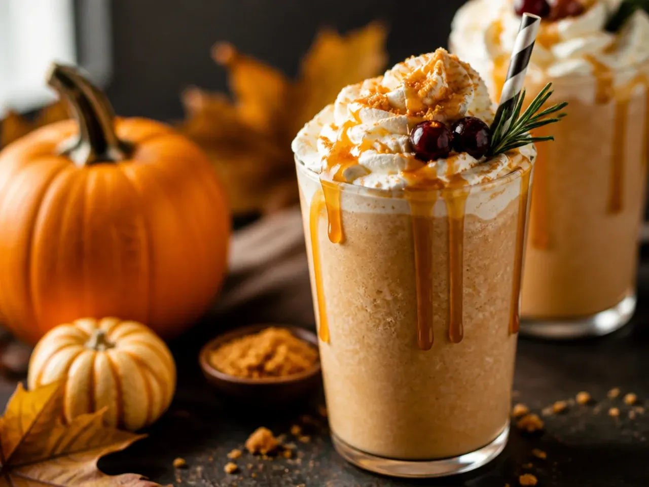 Thick pumpkin cheesecake frappuccino in a glass with whipped cream and crushed biscuit topping