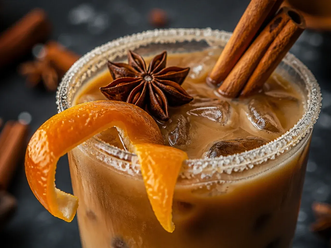 Dirty chai coffee in a mug with a dusting of cardamom and cinnamon on the milk foam
