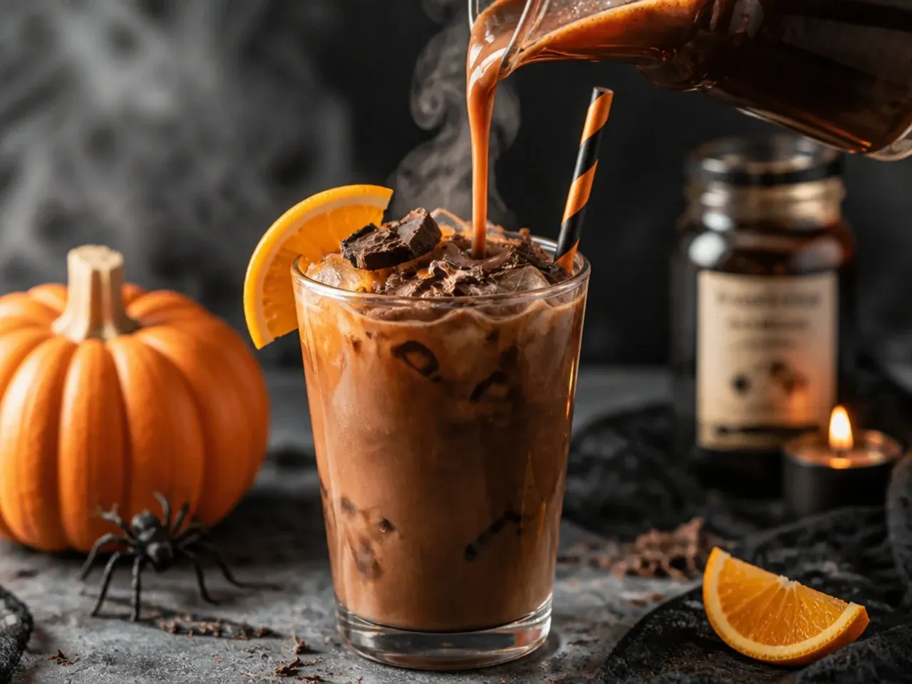 Chocolate orange mocha in a mug topped with chocolate orange shavings and a curl of orange peel
